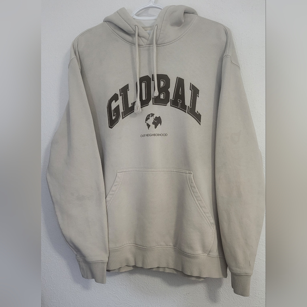 Cream‎ Colored H &M Hoodie / Global Our Community Logo In Brown. Size Large.